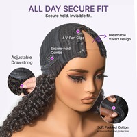 Pelucas de Cabello Humano Rizado Birmano con Parte en V, 180% de Densidad, con Puntas en Espiral, Sin Pegamento, con Cordón Ajustable Flexi-Fit