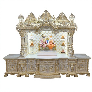 Grand Carved Wooden <b>Mandir</b> for Swaminarayan Temple Royal Wooden Temple for Prayer Hall Premium White Golden Carved <b>Mandir</b> USA - Product Image 5