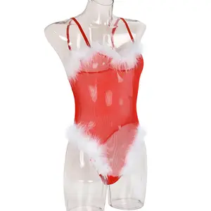 camisola traje de dança Suppliers-Atacado de guarnição de pele mulheres chapéu papai noel sensual traje de natal lingerie vermelha body