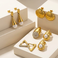 Boucles d'oreilles JUSNOVA imperméables en acier inoxydable plaqué or 18K PVD, style chunky, coquillage, goutte d'eau, zircon, bijoux vintage pour femmes