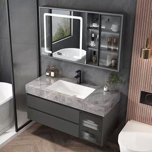 Mueble de Baño con Encimera de Losa, Lavabo Integrado, Espejo Inteligente y Gabinete de Madera Sólida Multicapa Gris - Product Image 2