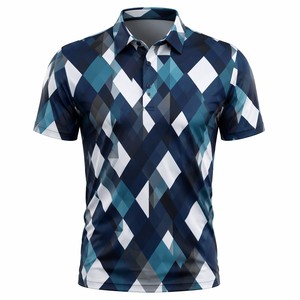 Polo de Golf con Estampado Digital para Hombre Pashan |   Mosaico de diamantes geométricos abstractos azul marino/verde azulado/carbón |   Poliéster Elástico en 4 Direcciones con Spandex - Product Image 1