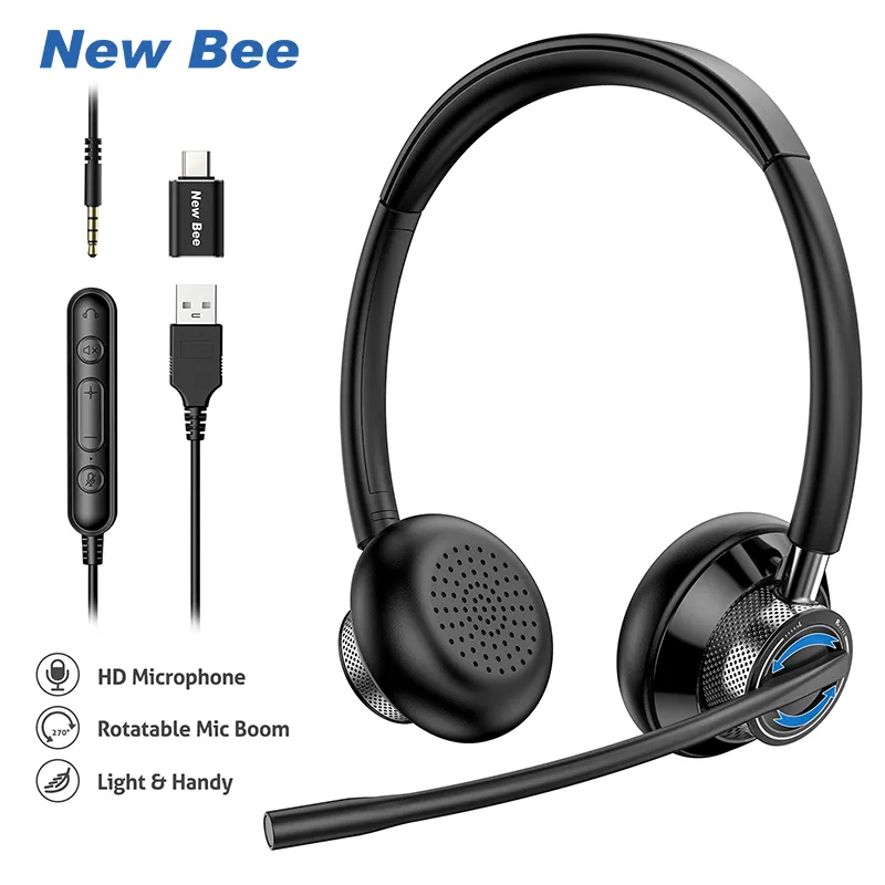 New Bee H361 Wired Headset Call Center Computer Headphones Noise Reduction Auriculares Headphones