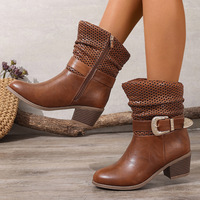 Bottines Western mi-mollet pour femme, bottines souples en maille ajourée avec bride à boucle scintillante, fermeture éclair latérale et talon carré épais, style cowboy