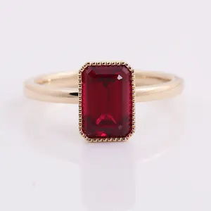 High quality ruby stone ring jewelry emerald cut 6*9mm lab craeted ruby 10k yellow gold bands rings custom