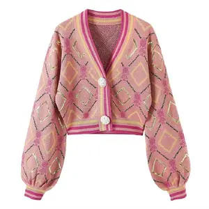 V-Ausschnitt Damen lässig trend ige Pailletten Cardigan lange Ärmel Jacquard Plaid Cardigans