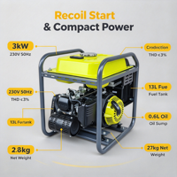 Générateur portable Clean Power 3kW 230V 50Hz THD 3% max pour électronique sensible, maison, bureau, alimentation de secours, Europe, Royaume-Uni