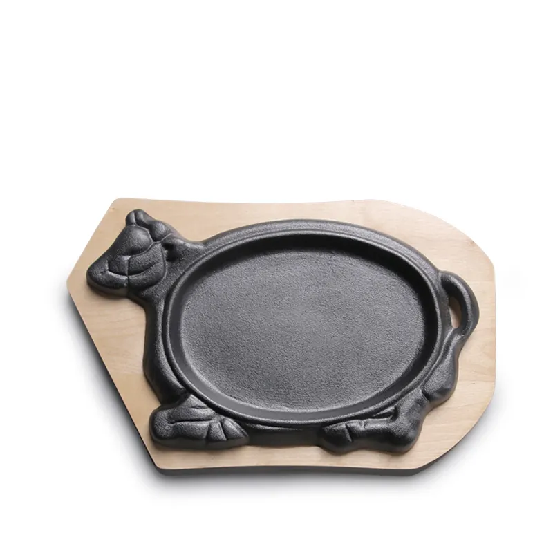 Sartén de hierro fundido de nuevo diseño, placa chisporroteante, placa chisporroteante con base de madera