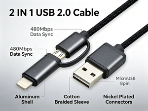 Cavo di Ricarica e Sincronizzazione Dati 2 in 1 <span class=keywords><strong>USB</strong></span> A a <span class=keywords><strong>Micro</strong></span> <span class=keywords><strong>USB</strong></span> e <span class=keywords><strong>iPhone</strong></span> 8 Pin, Intrecciato in Nylon, con Logo Personalizzato per Telefoni Cellulari - Product Image 3