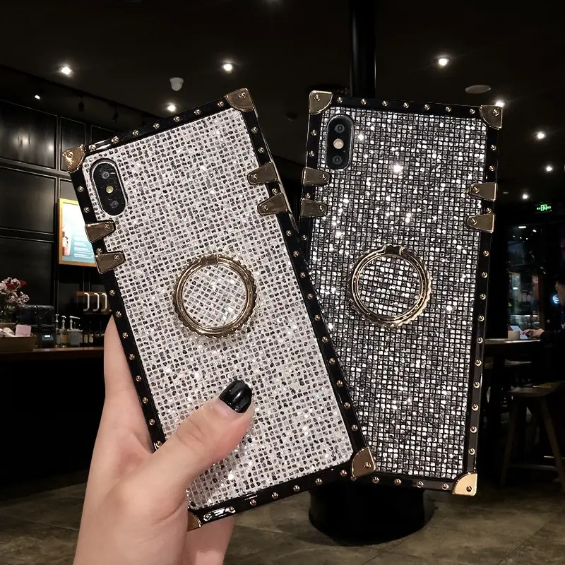 Luxury Bling Glitter Square Rivet Metal Stand Phone Cases For iphone 13 14 Pro Max Shockproof Cover For iphone 11 12 XS Max