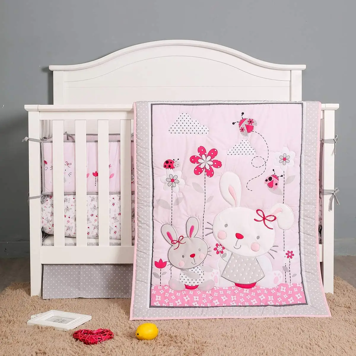pink rabbit cot bedlinen baby comforter set Floral Garden Baby Girl Crib Bedding Set Newborn Nursery Bedding with quilt bumper