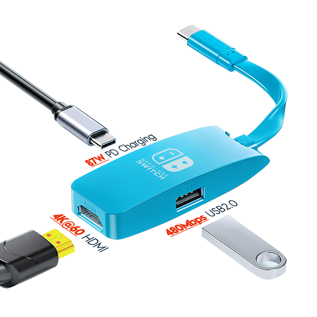 3 in 1 USB C Hub Portable Switch Dock With 4K HDTV USB2.0 PD 87W Charging Ports Docking Station