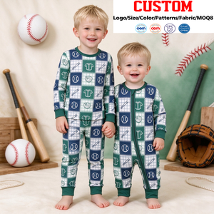 Pyjama barboteuse en soie de lait imprimé baseball personnalisé pour bébés garçons avec pantalon de jogging pour tout-petits et enfants, ensembles assortis pour frères, vente en gros - Product Image 1