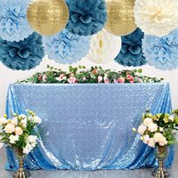 Fleurs en papier bleu poussière, or champagne, beige, pompons en papier, lanternes en nid d'abeille, décorations pour anniversaire, mariage, fête prénuptiale