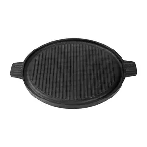 Camping Churrasco BBQ 2-em 1 reversível pré temperado Round Cast Iron Grill Griddle Placa Pan