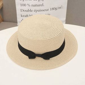 Wholesale Summer Children Beach <b>Hats</b> Sunshade Sun protection <b>Flat</b> Top Kids Straw <b>Hat</b> With Ribbon - Product Image 4