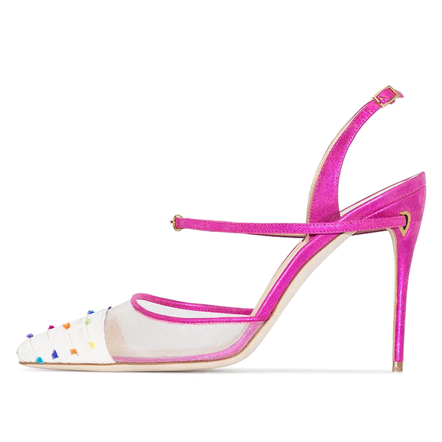 Women's Mesh Pointed Toe Slingback Heels, Colorful Studs Ankle Strap Pumps, Fashion Party Stiletto Shoes