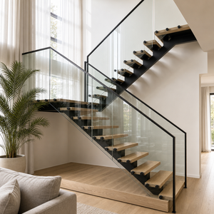 Escalera Flotante Moderna con Diseño en <span class=keywords><strong>Zigzag</strong></span> Central, Peldaños de Roble Macizo, Diseño de Escalones Abiertos, Personalizada para Villas, Lofts y Espacios Comerciales - Product Image 1