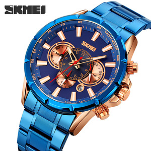 Skmei Men's Chronograph Watch Blue Steel Bracelet Analog Quartz With Tachymeter Calendar Luminous 30M Waterproof - Product Image 1