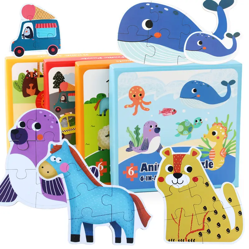 Teka-teki Kayu 6 Dalam 1 Kotak Jigsaw untuk Anak-anak, Kartun Hewan Hutan Transportasi Laut, Mainan <span class=keywords><strong>Puzzle</strong></span> Cerdas Anak-anak