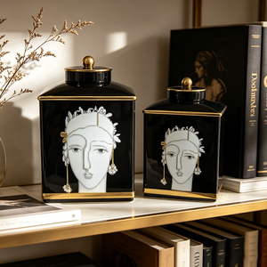 Ensemble de pots en céramique noirs et dorés avec art stylisé représentant un <span class=keywords><strong>visage</strong></span> de déesse grecque - Product Image 2