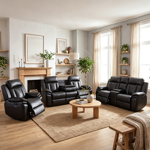 Meubles de salon modernes, canapé inclinable en cuir PU 321 manuel, ensemble de canapés inclinables de haute qualité avec porte-gobelets sur la console - Product Image 3