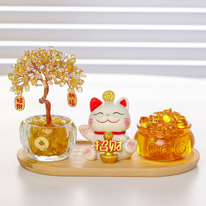 Ensemble cadeau de décoration pour la maison : Arbre à argent en cristal jaune et bassin au trésor, motif Chat porte-bonheur - Product Image 1