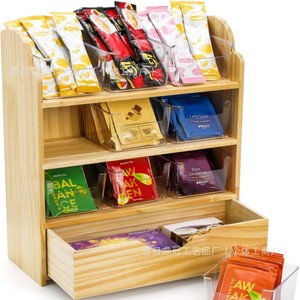 Support de rangement pour sachets de thé en bois à plusieurs niveaux avec tiroir, organisateur de bureau pour usage domestique - Product Image 1