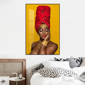 Black Woman In Red Headscarf Crown African American Wall Art Decor Canvas Designed on Canvas Poster Painting