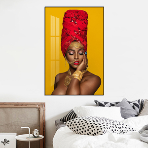 Femme noire en rouge foulard couronne afro-américain mur Art décor toile conçue sur toile affiche peinture - Product Image 1