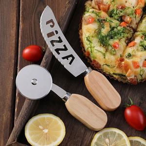 <b>Baking</b> Oak Handle Cheese Cutting Stainless Steel Roller Pizza Knife Household Tool Set - Product Image 2