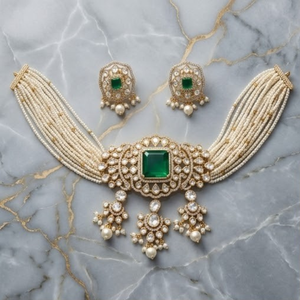 Royal 925 <b>Silver</b> Emerald Pearl <b>Choker</b> Necklace Set Designer Bridal Jewelry Elegant Earrings for Women Collection Bridal Wedding - Product Image 3