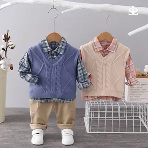 儿童纯棉背心格子衬衫裤3件/套秋季幼儿休闲服装婴幼儿儿童冬季春季男孩套装