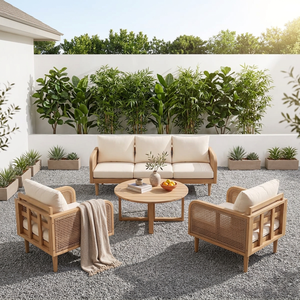 Modern Teak Wood Outdoor <b>Sofa</b> Set with <b>Rattan</b> Patio Furniture for Villa Resort Hotel - Product Image 1