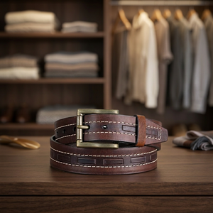 Ceinture unisexe en cuir de vachette avec boucle en acier personnalisée avec logo de marque BS INTERNATIONAL, solide, durable, légère, 3,8 cm de large. - Product Image 1