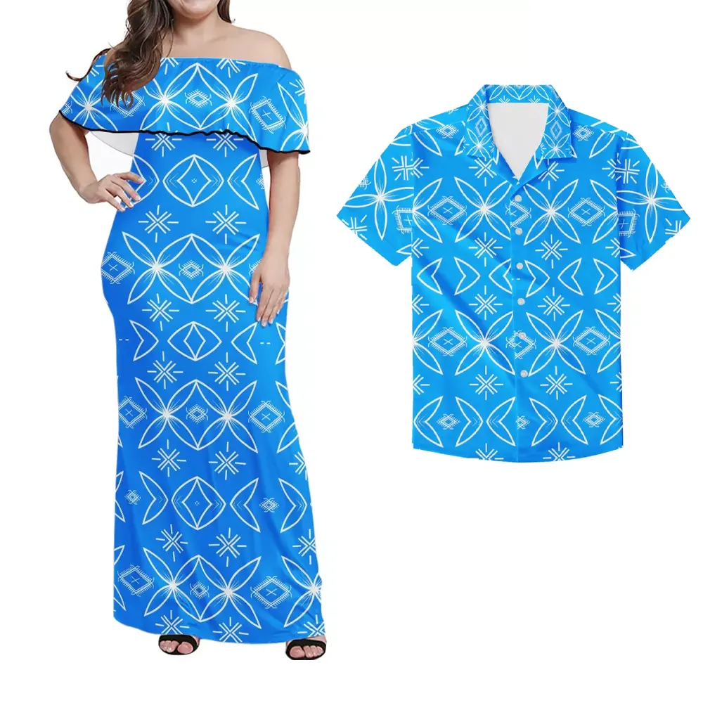 Île usure grande taille polynésienne tribu tatau imprimé à volants robe à épaules dénudées Couples vêtements Match hommes hawaïen plage chemises