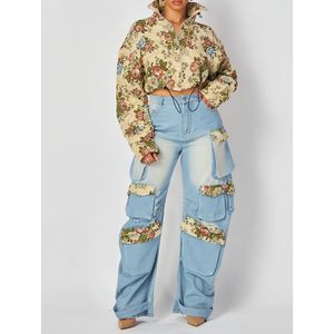 Güz yeni moda kısa çiçek üst ceket çok cep Denim kargo pantolon kadın rahat 2 parça Set Sehe moda - Product Image 1