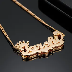 Personalized Double Layer Name Necklace With Crown Customized 18K Gold Name Necklace With Crystal