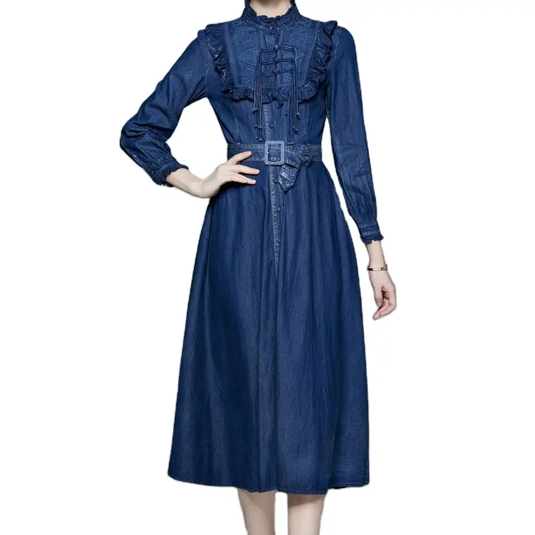 wholesale new arrival denim dress women vintage design long sleeve spring and autumn jean shirt dress