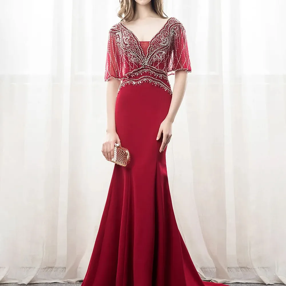 Vestido de noite luxuoso elegante de manga curta espartilho vermelho plissado lantejoulas miçangas vestido longo para jantar de festa para mulheres