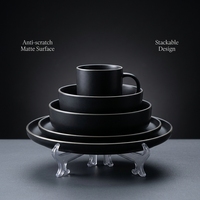 Ensemble de vaisselle en céramique noir mat en gros |   Ensemble de 4 assiettes et bols en grès modernes et minimalistes |   Conforme à la norme Prop 65 sans plomb