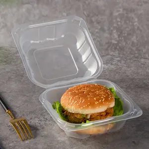 Microwave Makanan Takeaway PP 6 "X 6" Kotak Burger untuk Pergi Kotak Restoran Wadah Makanan Plastik Bening Sekali Pakai dengan Tutup