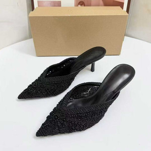 Mules à talon chaton pour femmes, faites main au crochet, ornées de perles, à bout pointu, sans bride arrière, sandales de qualité - Product Image 3