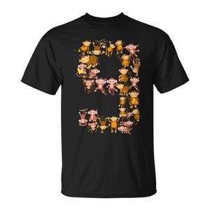 Camiseta con temática de mono para niños, diseño de animales divertidos para cumpleaños número 9, para niños de 9 años, manga corta, cuello redondo, impresión digital unisex - Product Image 1