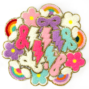 Badge brodé thermocollant en chenille, motifs fleur, arc-en-ciel, nœud, éclair, avec bordure dorée pailletée, pour vêtements de filles, sacs à dos et projets DIY - Product Image 2