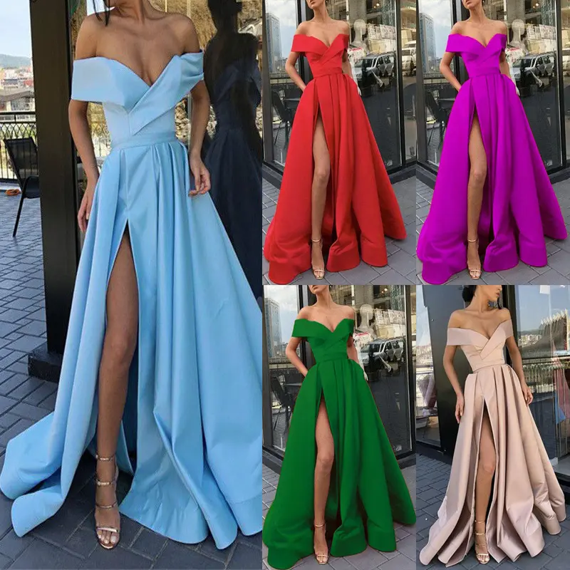 New Arrival Women Summer Solid Color Deep V Neck Luxury Evening Dress High Split Off Shoulder Maxi Standard Party Dress