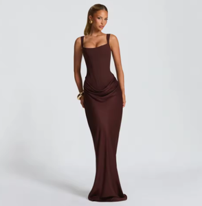 Abito lungo plissettato <span class=keywords><strong>King</strong></span> Mcgreen Star Corset Sling da donna, marrone, sexy, senza maniche, con spalle scoperte, vita alta, abito da sera elegante. - Product Image 1