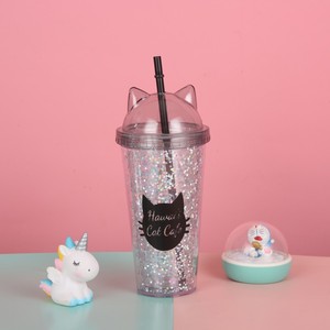 Hawaii Cat Cafe Cat Ear Tumbler With Straw Glitter Cup For Drinks - Product Image 2