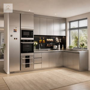 XINGRUO Armoires de <span class=keywords><strong>cuisine</strong></span> modernes écologiques en acier inoxydable brossé sur mesure, avec structure entièrement métallique et portes à panneaux, pour <span class=keywords><strong>cuisine</strong></span> murale et garde-manger - Product Image 2