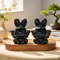 Statue de lapin ailé en obsidienne noire naturelle, figurine d'animal en cristal sculptée à la main, décoration de table